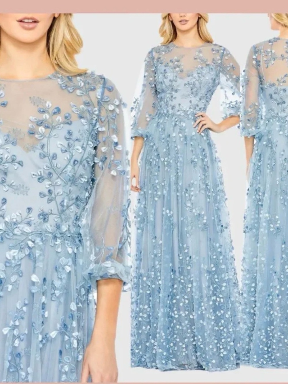 Mac Duggal Powder Blue 3D Floral Tulle Maxi Gown
